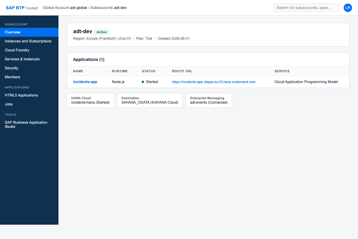 SAP BTP Cockpit風のモックアップ。CAPで作った拡張アプリ「incidents-app」が稼働している様子