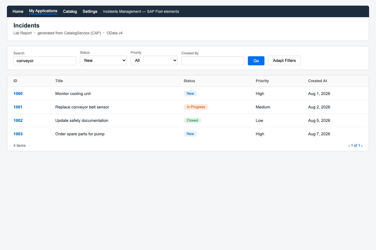 SAP Fiori elements風のモックアップ。CAPから自動生成されたインシデント管理のList Report画面